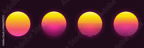 Retro futuristic sunset set in different design. 80s style. Retrowave, synthwave futuristic background. Template design for cyber or sci-fi abstract concept. Vector illustration