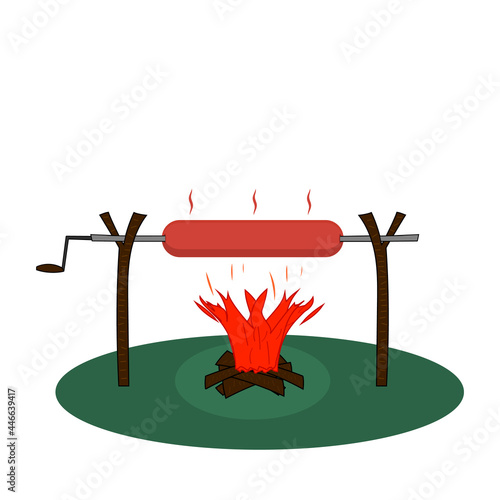 Big hot link sausage grilled on a campfire and skewer. Vector illustration on blank clear background.