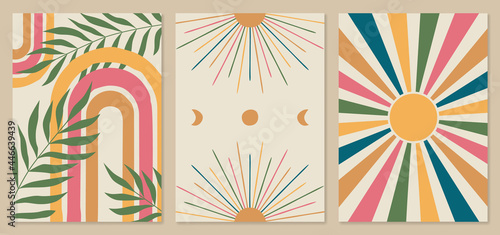 Abstract boho illustrations - rainbow, sun, moon phases. 60s art, boho home decor, mid-century wall posters