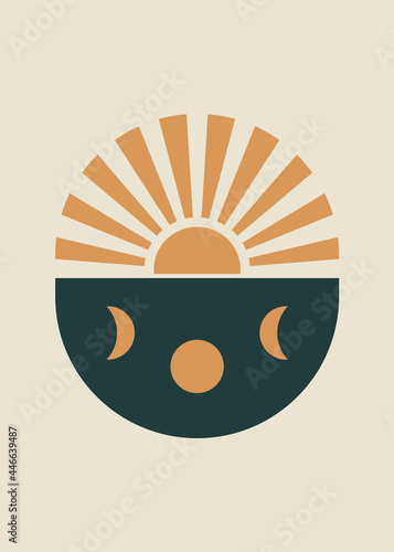 Abstract boho illustration - sunburst and moon phases. 60s art, boho home decor, mid-century wall poster