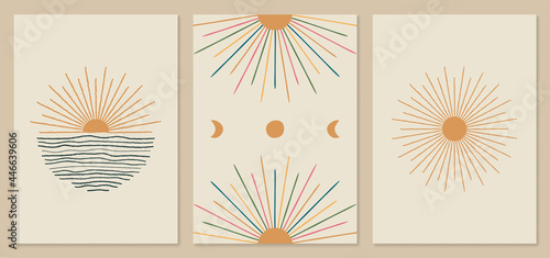 Sunburst, sunrise, sunset, moon phases abstract minimal illustrations. Boho home decor, mid-century wall posters, line art