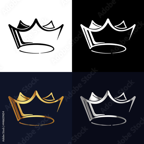 Fototapeta Naklejka Na Ścianę i Meble -  Crown logo. Queens or kings crown vector logo. Golden corona logotype on dark background.  Vector black, white, gold and silver silhouettes of crowns isolated on the backgrounds.