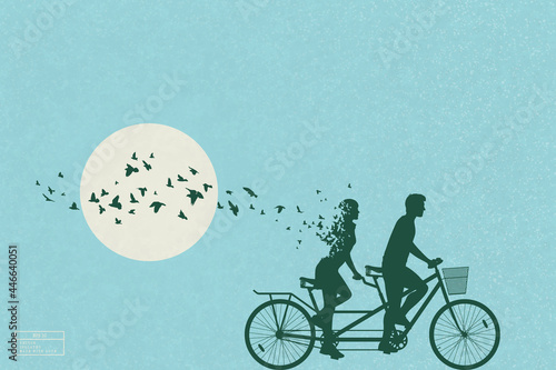 Lovers silhouette. People on bike and flying bird. Death and afterlife