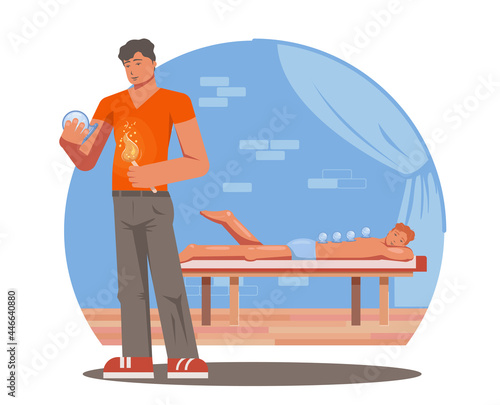 Cupping therapy vector flat design illustration. Man is lying in underwear with cups placed on his back. Practitioner warms up the cup with fire