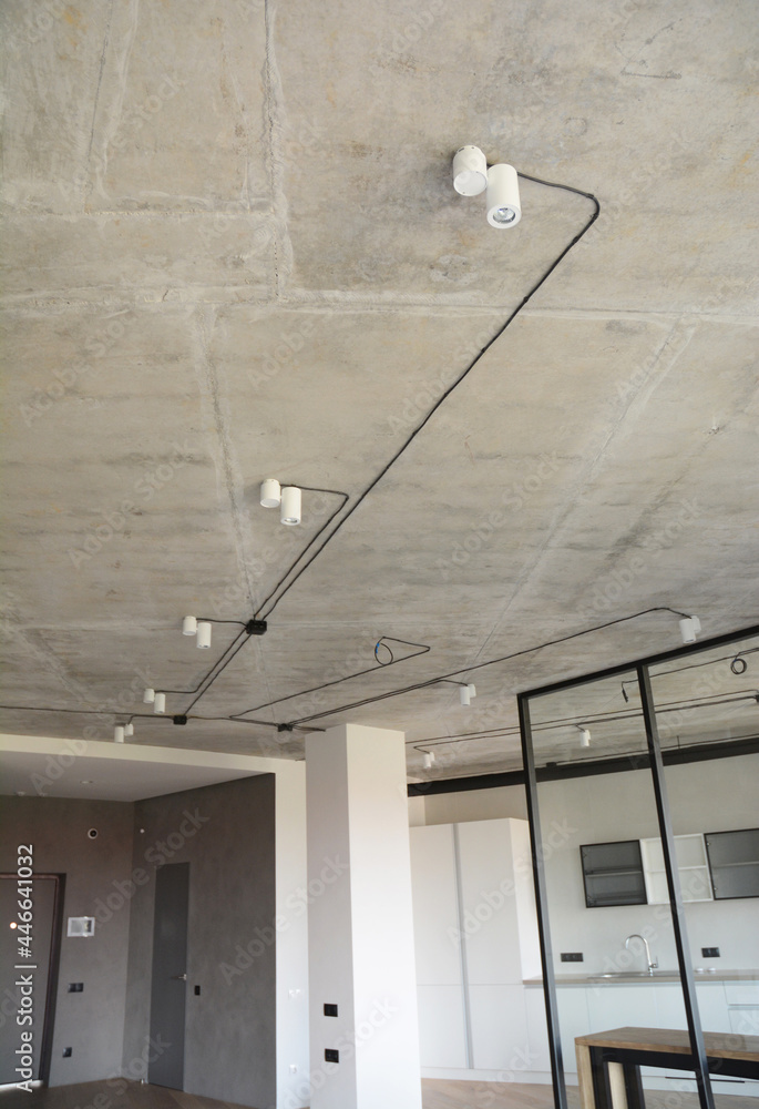 Loft style apartment design with a close-up of concrete ceiling, exposed  black cables, wires with white light lamps, gray wall finishing and glass  room divider. Stock Photo | Adobe Stock