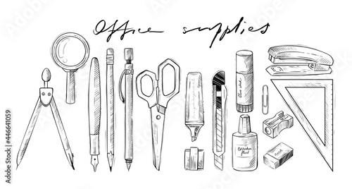 Office, school supplies, stationery, monochrome, vector