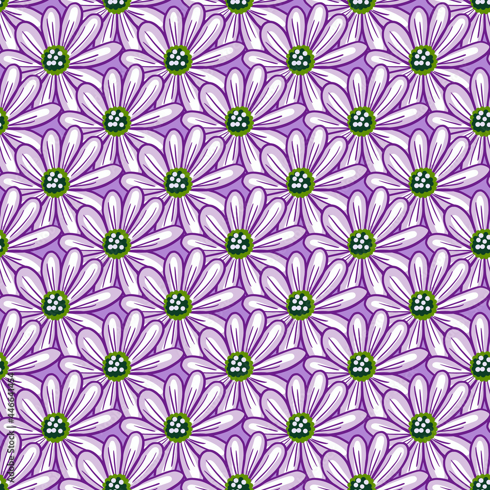 Seamless pattern with simple daisy flowers shapes. Purple background. Natural floral backdrop. Vector design for textile, fabric, giftwra