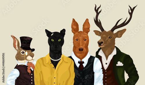 Hipster animals set. People art animal, characters portrait animals in clothes fashion