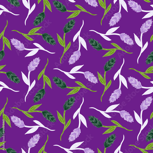 Botany seamless pattern with ear of wheat ornament in geometric style. Purple bright background.