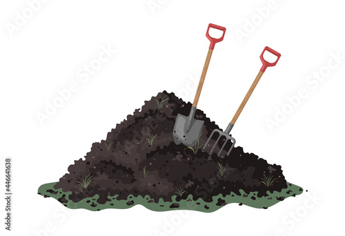 Hayfork and shovel in a pile of ground. Transformation of food waste into fertile soil. Heap of earth, heap of soil. Vector illustration on white background