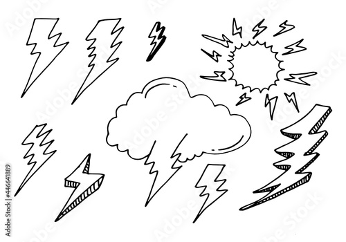 set of hand drawn vector doodle electric lightning bolt symbol sketch illustrations. thunder symbol doodle icon.