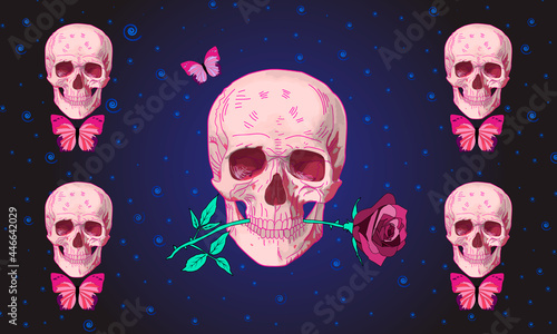 Human skull with rose flower and butterfly on hypnotic background. Cute gothic skull. Vector illustration.