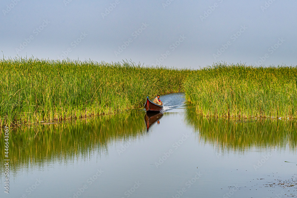 Little boat in the Mesopotamian Marshes, The Ahwar of Southern Iraq, UNESCO World Heritage Site, Iraq Little boat in the Mesopotamian Marshes, The Ahwar of Southern Iraq, UNESCO World Heritage Site, Iraq