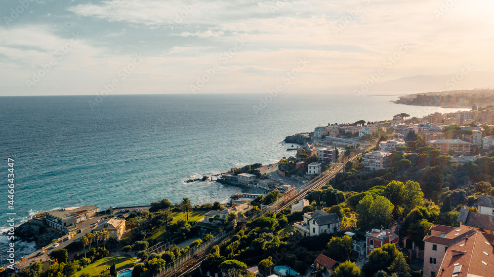 Aerial view over coast of Liguria, beach in Quarto dei Mille by Genova, Italy.