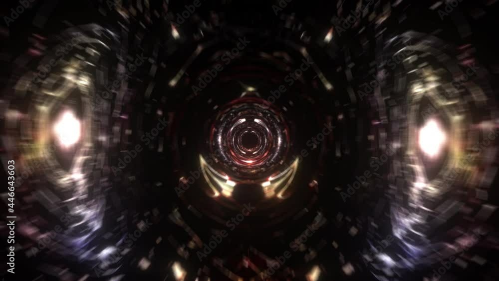 Abstract gold red psychedelic spin futuristic pattern vortex tunnel loop. Round blurred science hi-tech VJ loop abstraction. Beautiful art effect, optical illusion. 4K 3D Seamless looping animation. 