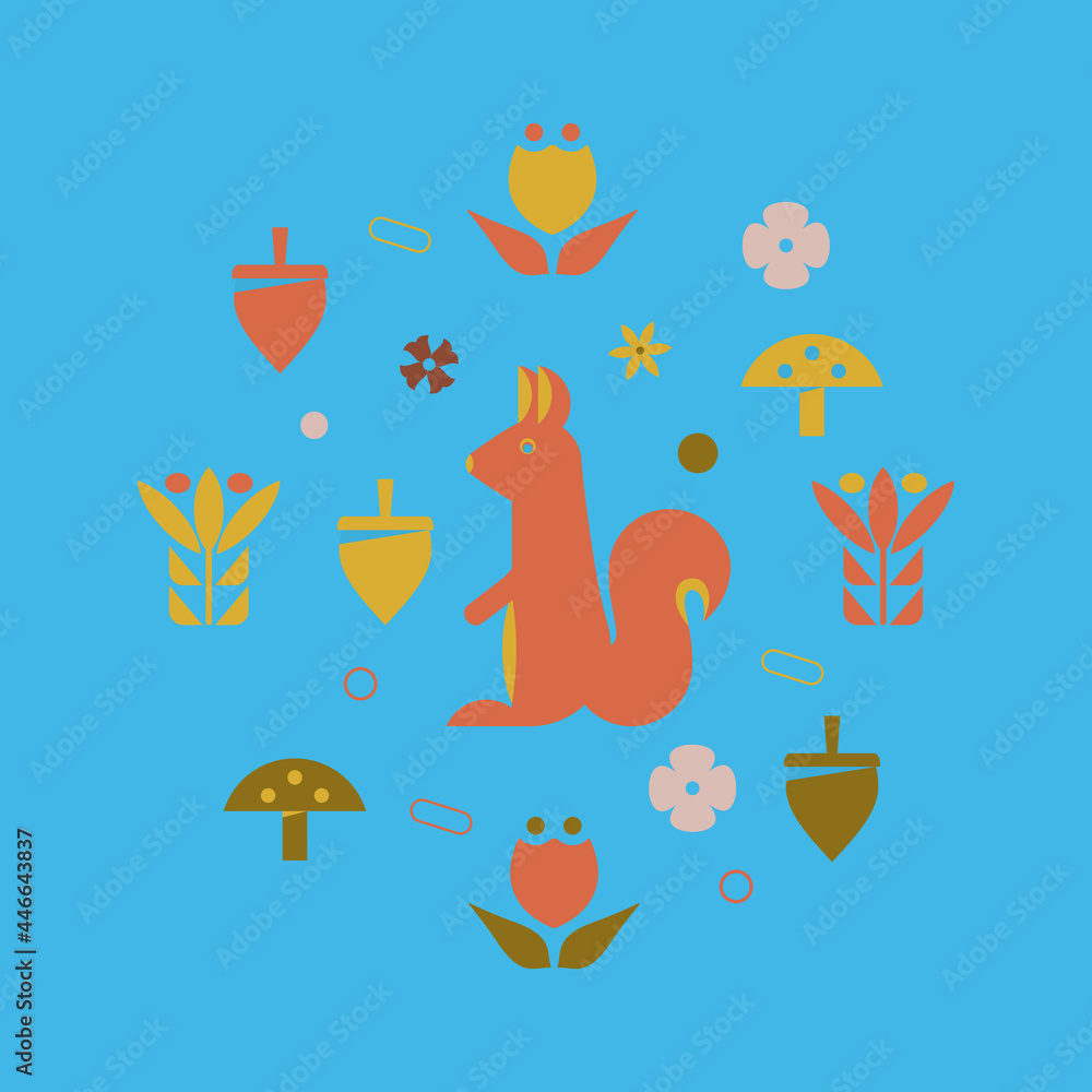 Postcard with a squirrel on a background of flowers, leaves, acorns, mushrooms. The concept of ecology and protection of nature. Vector illustration. Flat design..