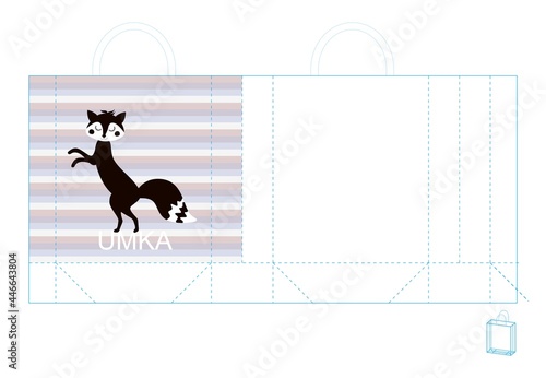 Cute eco bag template with fox on striped background. Vector design.