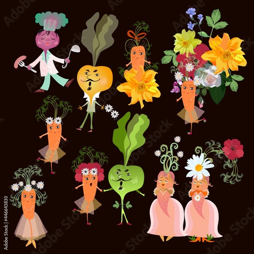 Beautiful set of cute cartoon vegetables - characters. Carrots, beets, turnips, green radish.