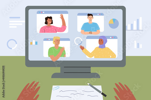 The monitor on which the online meeting of colleagues takes place.