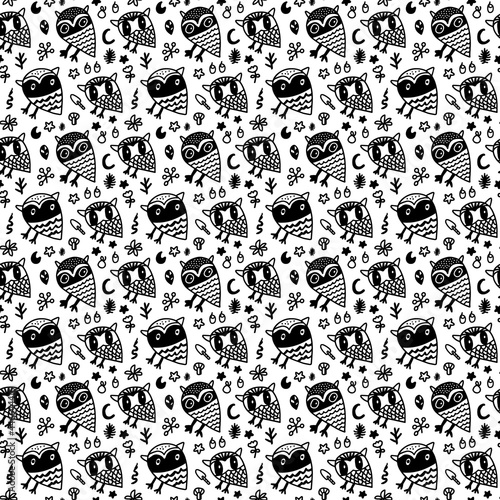 Owl nocturnal animals snakes hand drawn seamless pattern in cartoon comic style black white