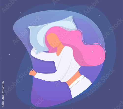 Girl sleeping in bed. Vector minimal illustration