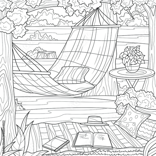 Nature and hammock. Rest zone.Coloring book antistress for children and adults.Zen-tangle style. Black and white drawing.Hand drawn