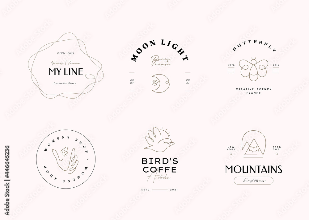 One Line abstract logo template set. Hand drawn minimalism style vector illustration.