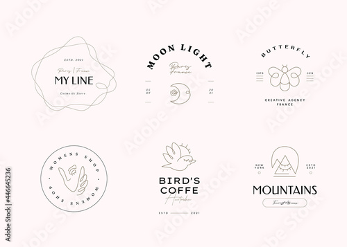 One Line abstract logo template set. Hand drawn minimalism style vector illustration.