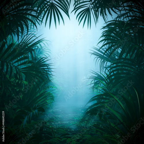 Fototapeta Naklejka Na Ścianę i Meble -  Misty jungle nature frame / 3D illustration of mysterious rainforest background with light rays shining through forest canopy framing copy space