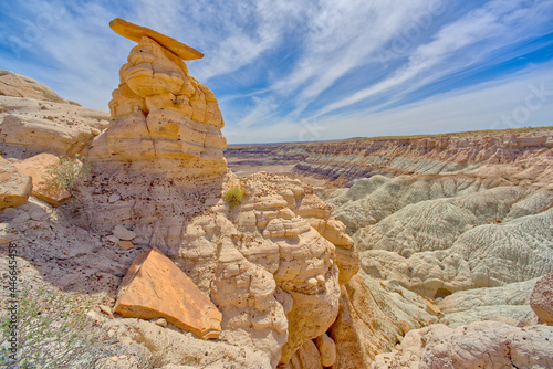 Flat top hoodoo on the edge of a cliff along the Billings Gap Trail on Blue Mesa, Petrified Forest National Park, Arizona photo
