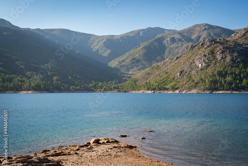 Landscape of Lake and mountains in Vilarinho das Furnas Dam in Geres National Park, Norte, Portugal photo