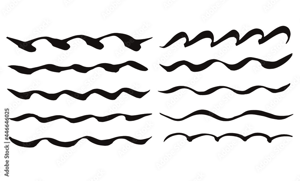 Vector Set Hand Drawn Brush Paint Black Ink Wavy Line Under Line Frame White Background セット 手書き ブラシ 墨 波線 曲線 ライン フレーム 背景白 Stock Vector Adobe Stock