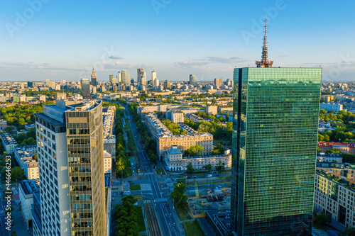 Aerial view of Warsaw city center and green office buildings, Poland