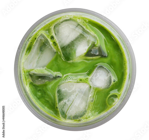 Top view of matcha green tea latte with ice cubes in a glass isolated on white background, clipping path included