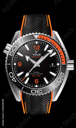 Realistic watch clock silver black orange face with fabric strap on isoled design classic luxury vector illustration.