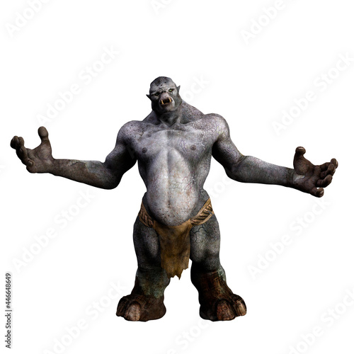 3D illustration of a fantasy mythical troll creature from Scandinavian folklore standing with arms spread wide isolated on a white background.