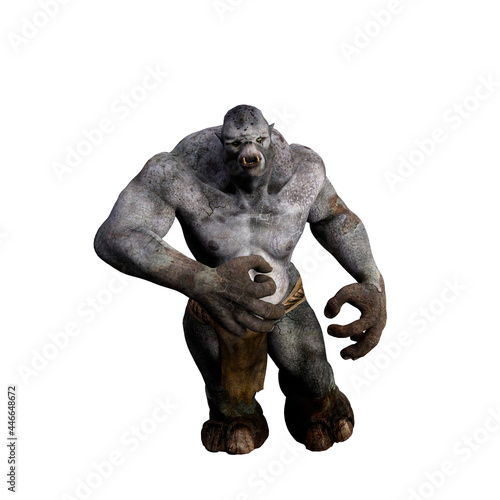 3D illustration of a fantasy mythical troll creature from Scandinavian folklore charging toward the camera isolated on a white background.