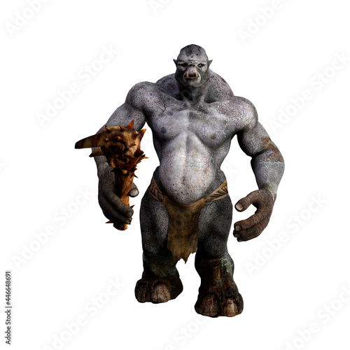 3D illustration of a fantasy mythical troll creature from Scandinavian folklore holding a large club weapon isolated on a white background.