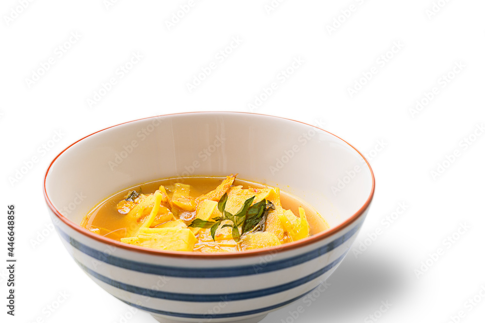 Green curry with bamboo shoots in a white plate isolated on white background - Side view Green curry with bamboo shoots in a white plate isolated on white background - Side view