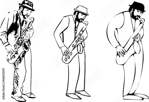 street musician playing saxophone, hand drawn vector illustration