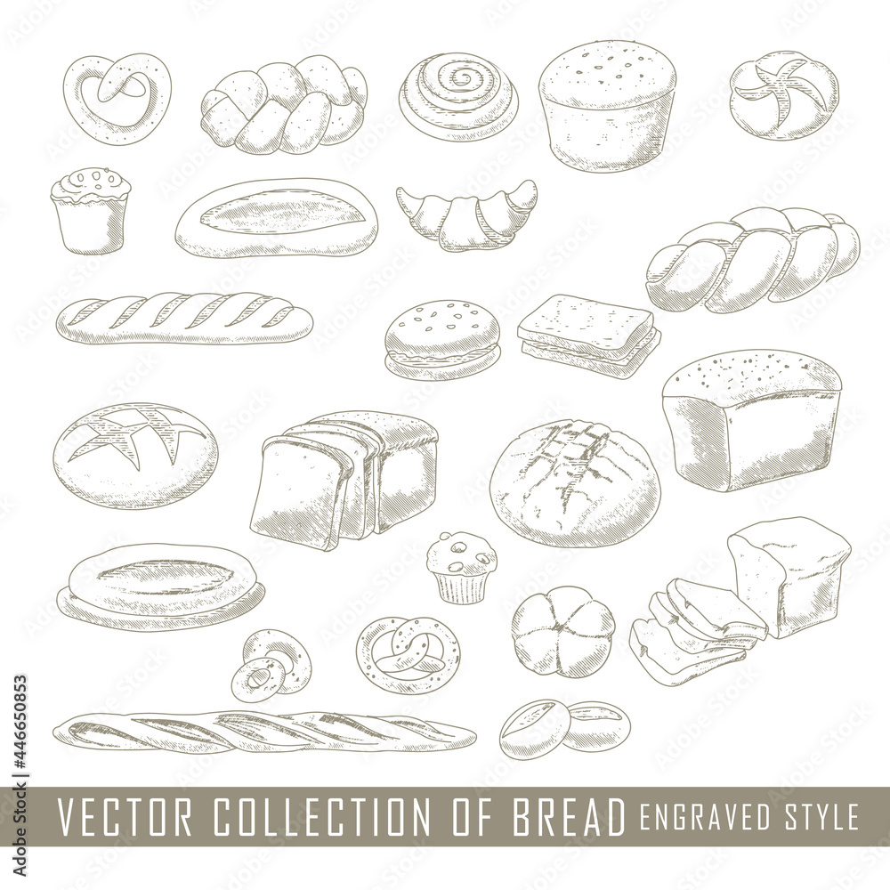A collection of bread and bread products in an engraved vintage style. Emblem, bakery icon