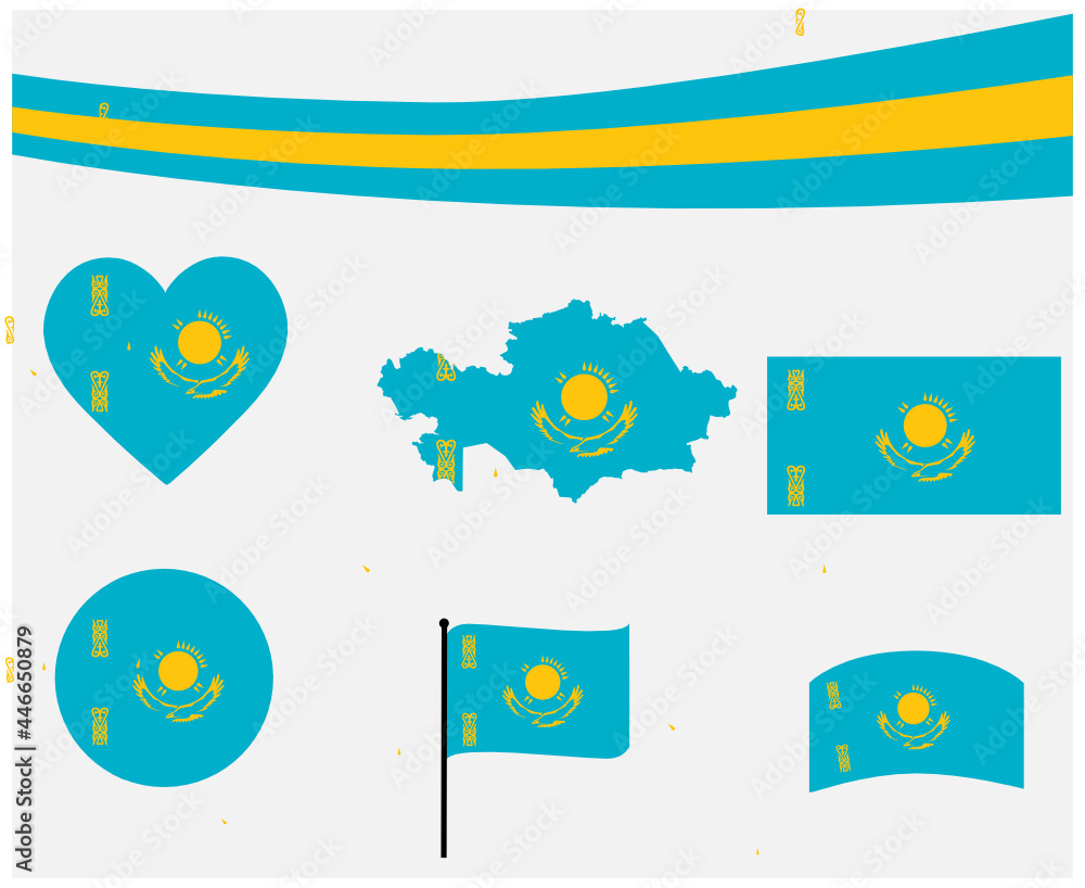 Kazakhstan Flag Map Ribbon And Heart Icons Vector Illustration Abstract Design Elements collection