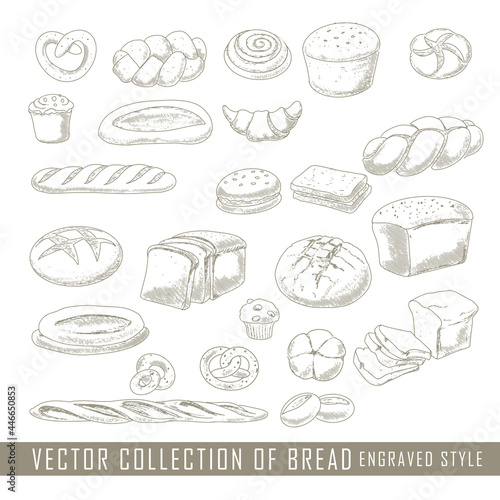A collection of bread and bread products in an engraved vintage style. Emblem, bakery icon