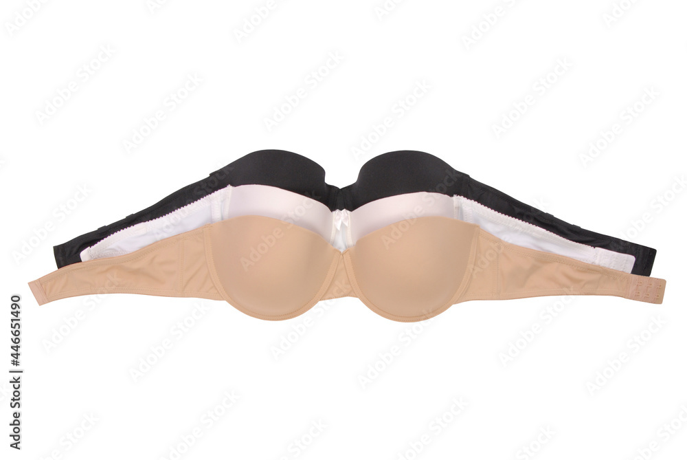 three strapless bras, black white flesh-coloured bra, assortment