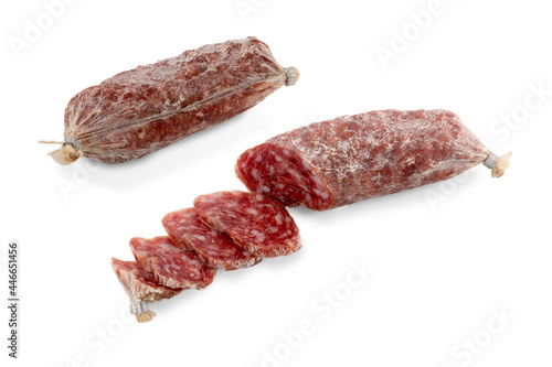 Small Italian salami  cut with slices, two sausages called cacciatorino isolated on white, copy space