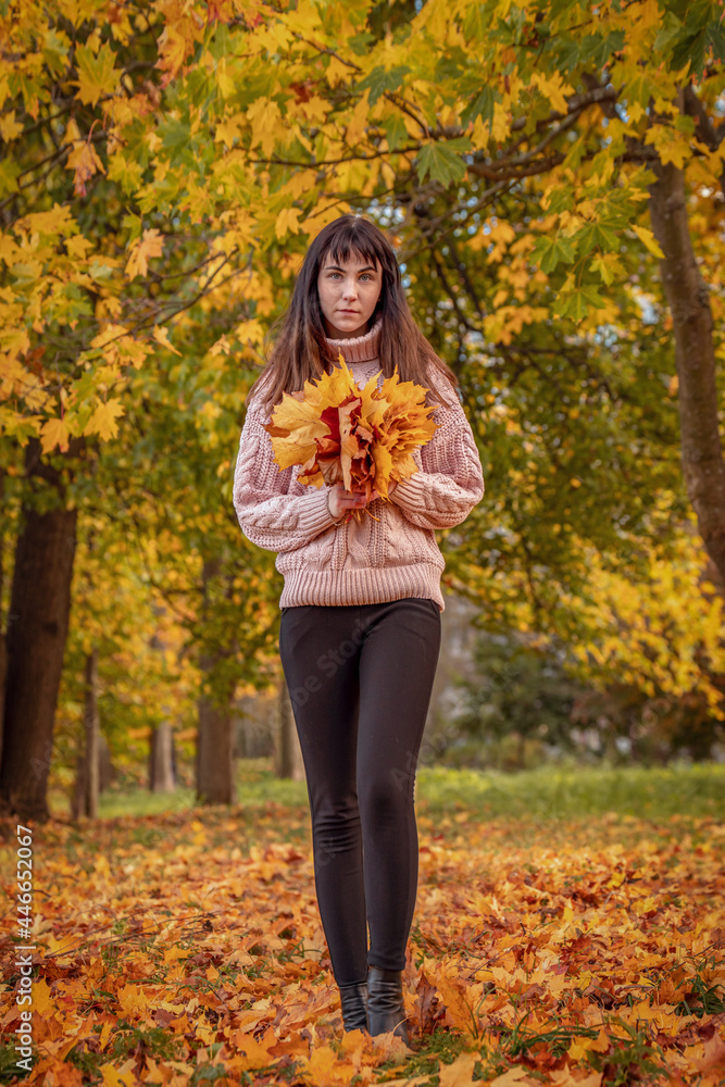young woman in an autumn park with a bouquet of bright fallen leaves, autumn walk through the forest, lifestyle young woman in an autumn park with a bouquet of bright fallen leaves, autumn walk through the forest, lifestyle