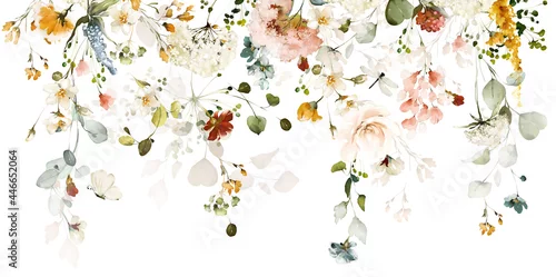 Obraz Set watercolor arrangements with garden roses. collection pink, yellow flowers, leaves, branches. Botanic illustration isolated on white background.