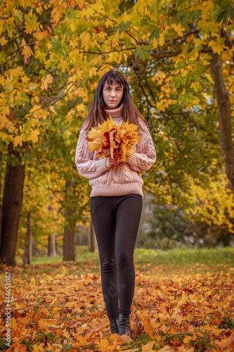 young woman in an autumn park with a bouquet of bright fallen leaves, autumn walk through the forest, lifestyle