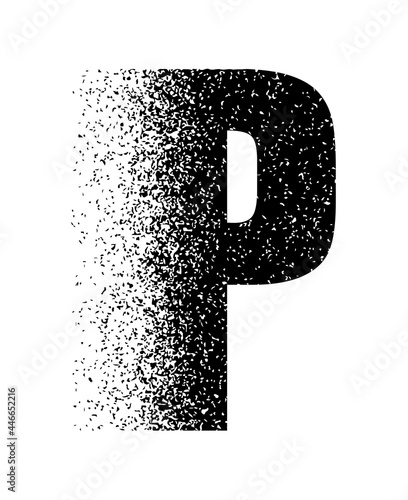 Dispersion exploding capital letter P in black color. Logotype dispersion letter capital R. Styled letter design for logo, label, luxury concept, jewelry, gold business or web page graphic elements.