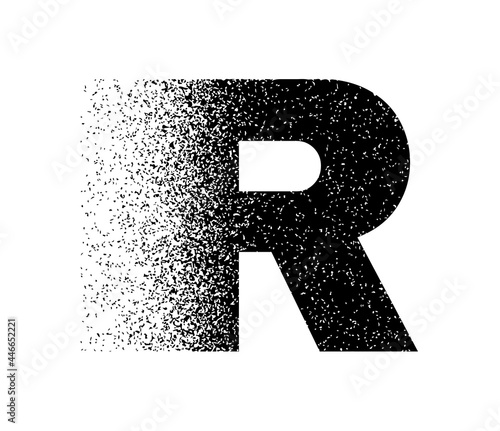 Dispersion exploding capital letter R in black color. Logotype dispersion letter capital R. Styled letter design for logo, label, luxury concept, jewelry, gold business or web page graphic elements. photo